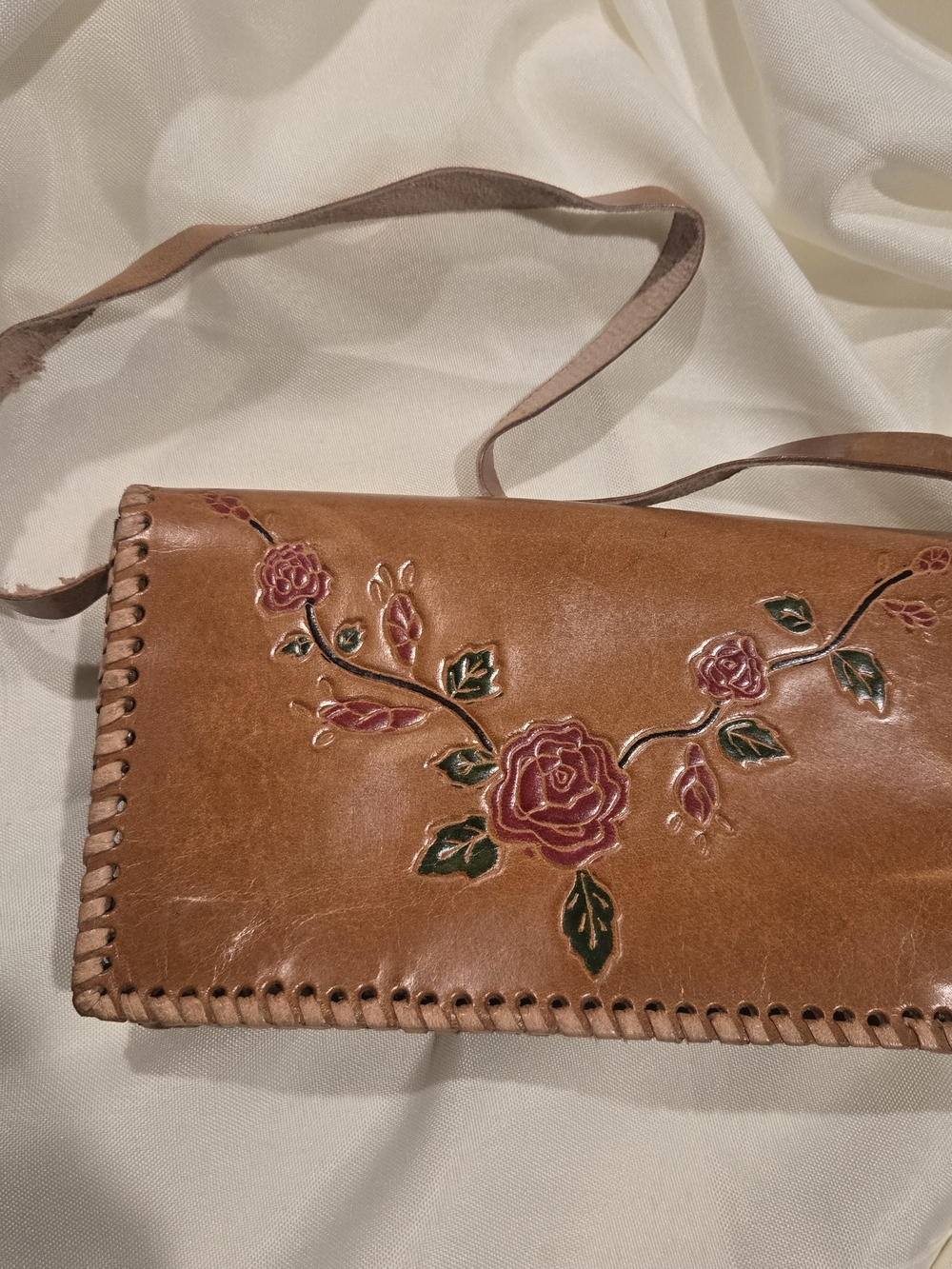Wilsons Leather Brown Floral Embossed Shoulder Bag with Pink Rose Accents